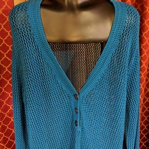 Chico's fishnet cardigan in turquoise.